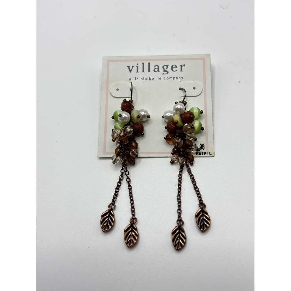 Villager Liz Claiborne Beaded Leaf Cluster Drop Earrings Copper Tone Boho New
